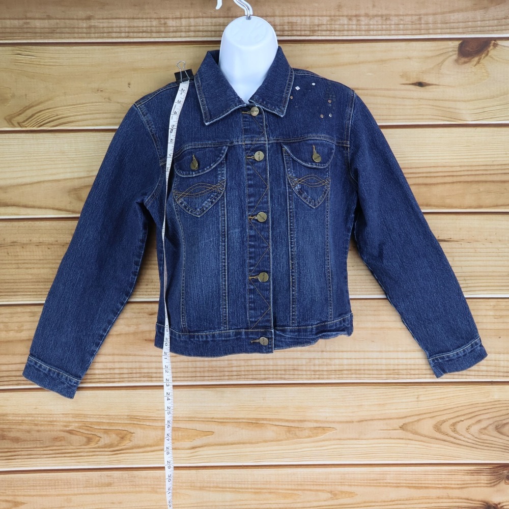 Love Jeans Cropped Denim Jacket Womens Size S Blue Dark Wash Rhinestones Pockets - Picture 3 of 8